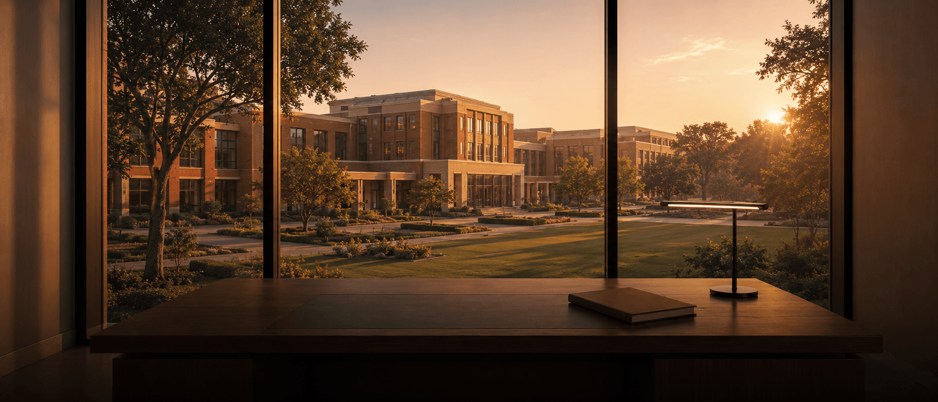 A school campus at golden hour, seen from a quiet office desk